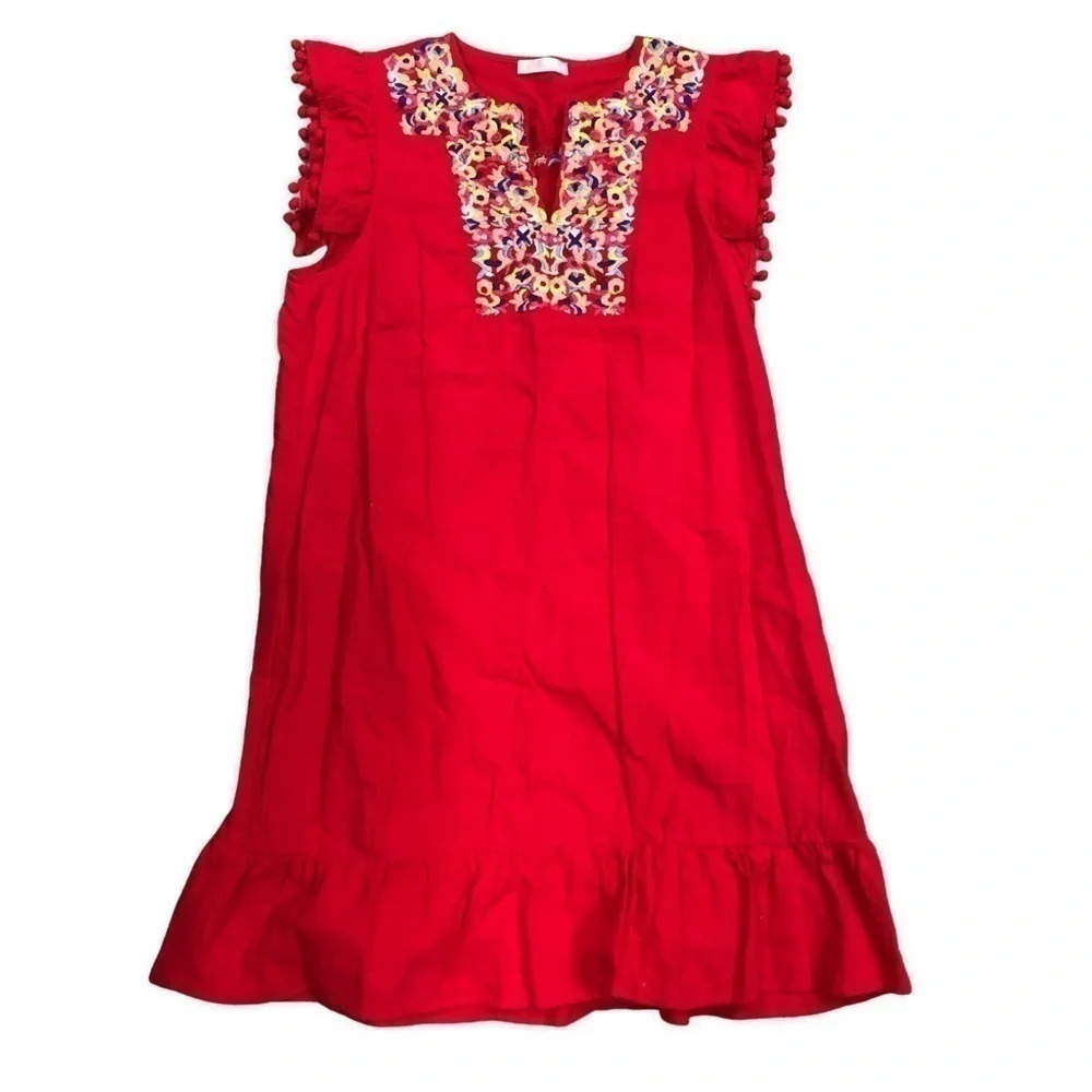 Kirundo Pom Pom‎ Sleeve Shift Dress Women’s Size XL NWOT Red / Embroidery Detail